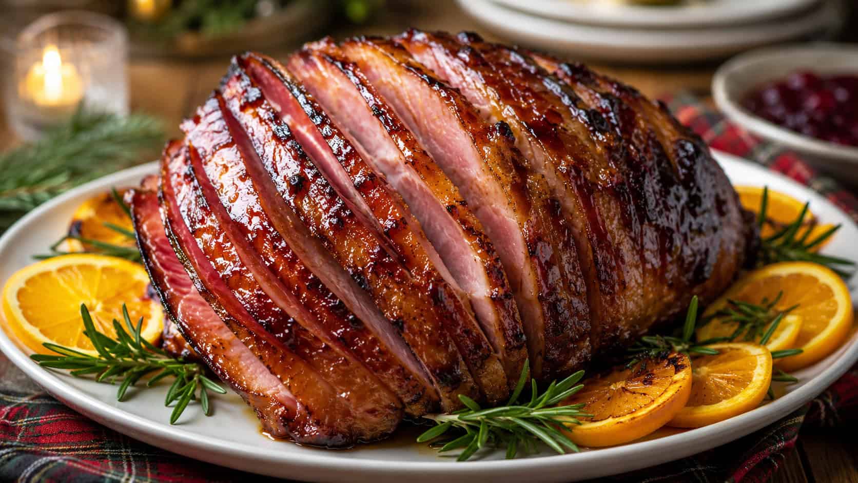 a glossy maple-glazed spiral ham on a white platter in a wide horizontal shot, caramelized edges, fresh rosemary and orange slices alongside, on a rustic holiday table, natural window light, shallow depth of field, landscape orientation