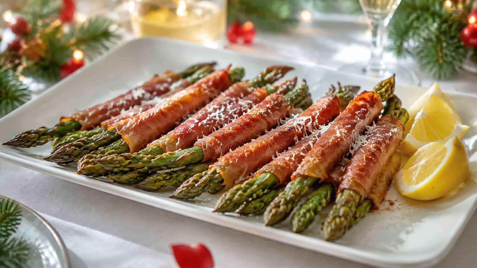 prosciutto-wrapped asparagus spears arranged on a white platter in a wide horizontal shot, crispy edges and grated parmesan, lemon wedges alongside, on a bright holiday table, natural light, shallow depth of field, landscape orientation
