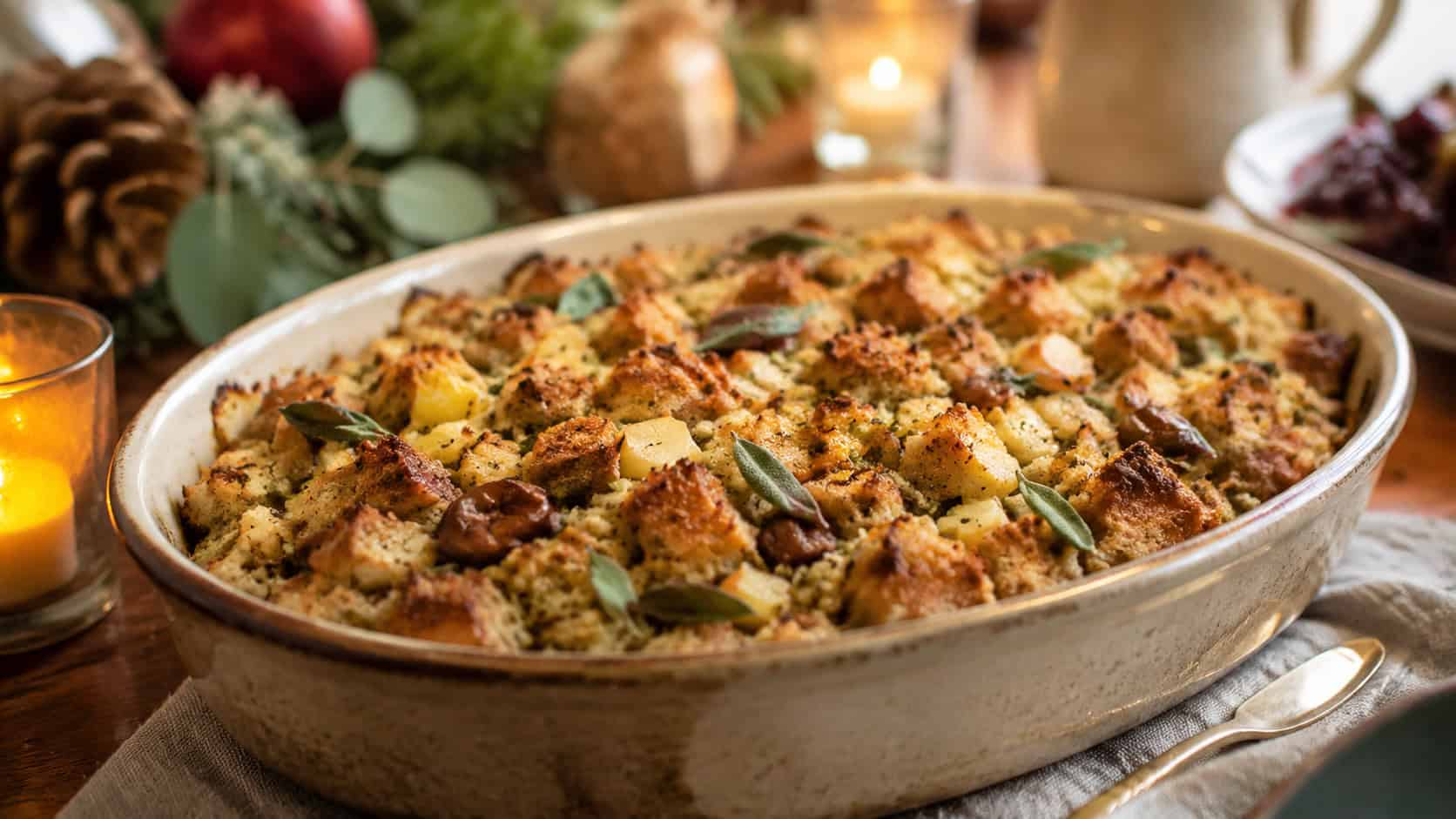 golden chestnut and apple stuffing in a rustic baking dish in a wide horizontal shot, crisp browned top and fresh sage, on a holiday table with candles, warm natural light, shallow depth of field, landscape orientation
