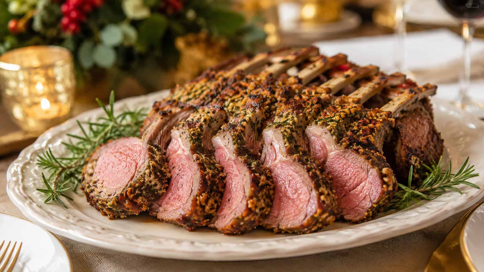 an herb-crusted rack of lamb sliced into chops on a platter in a wide horizontal shot, golden crust and rosy interior, fresh rosemary garnish, on an elegant holiday table, warm natural light, shallow depth of field, landscape orientation