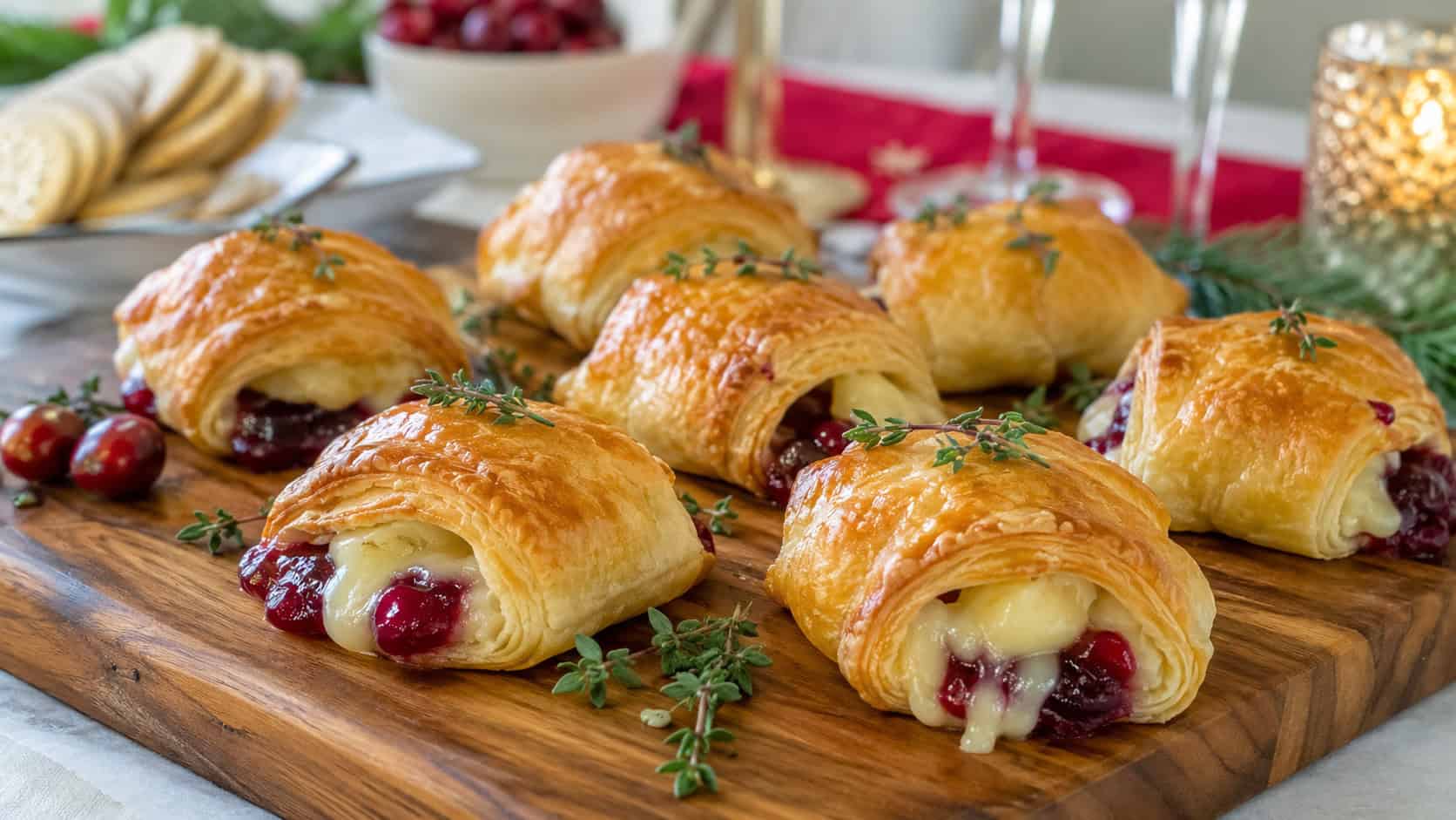 golden brie and cranberry pastry puffs on a serving board in a wide horizontal shot, melty cheese and ruby cranberry peeking out, fresh thyme garnish, on a festive party table, bright natural light, shallow depth of field, landscape orientation