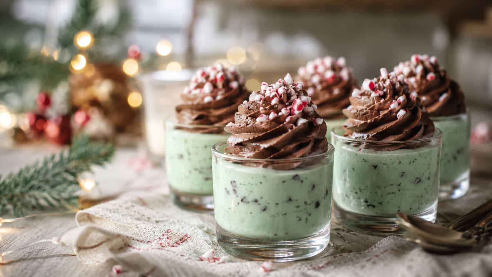 mint chocolate mousse in small glasses in a wide horizontal shot, airy chocolate swirls topped with crushed candy cane, on a festive table with twinkle lights bokeh, soft natural light, shallow depth of field, landscape orientation