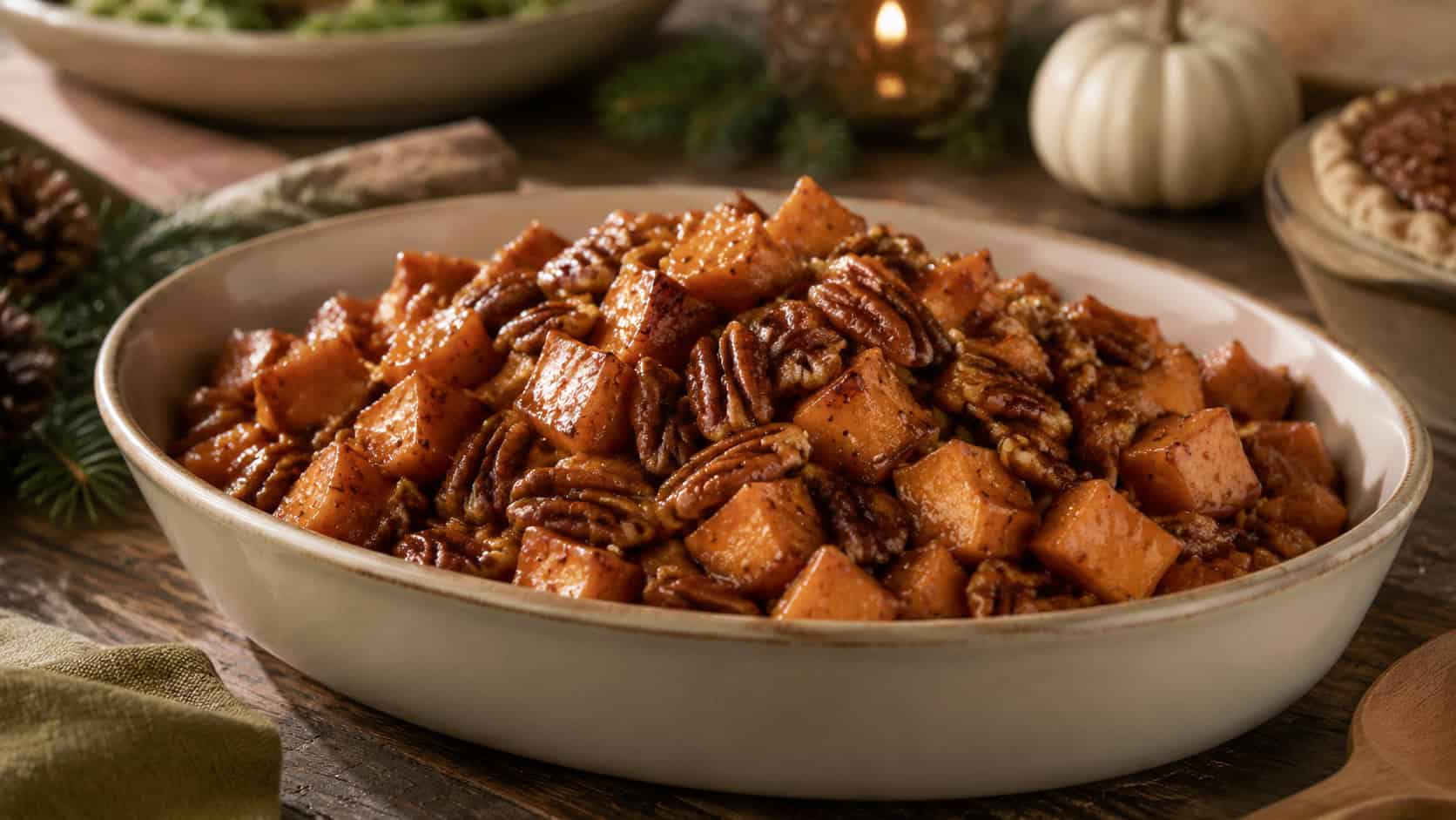 maple pecan sweet potatoes in a serving bowl in a wide horizontal shot, glossy caramelized cubes and toasted pecans, on a rustic holiday table, warm natural light, shallow depth of field, landscape orientation