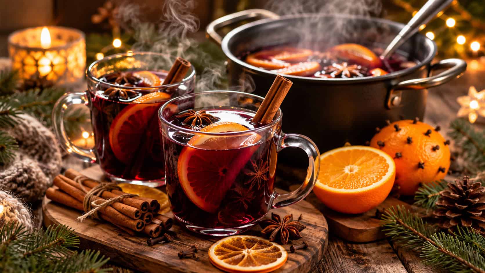 mugs of spiced mulled wine beside a steaming pot in a wide horizontal shot, orange slices and cinnamon sticks and star anise, on a cozy table with pine and candles, warm natural light, shallow depth of field, landscape orientation