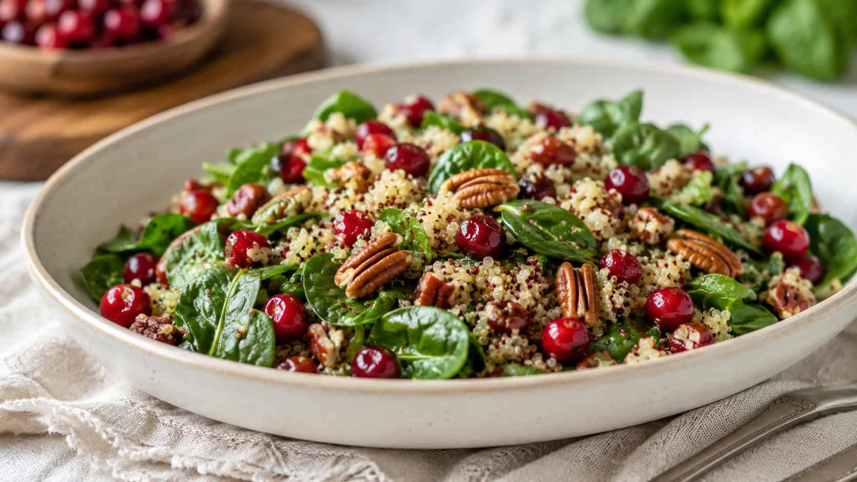 a colorful cranberry quinoa salad in a wide shallow serving bowl in a wide horizontal shot, ruby cranberries and golden pecans scattered over green spinach, on a linen-draped table, bright natural light, shallow depth of field, landscape orientation