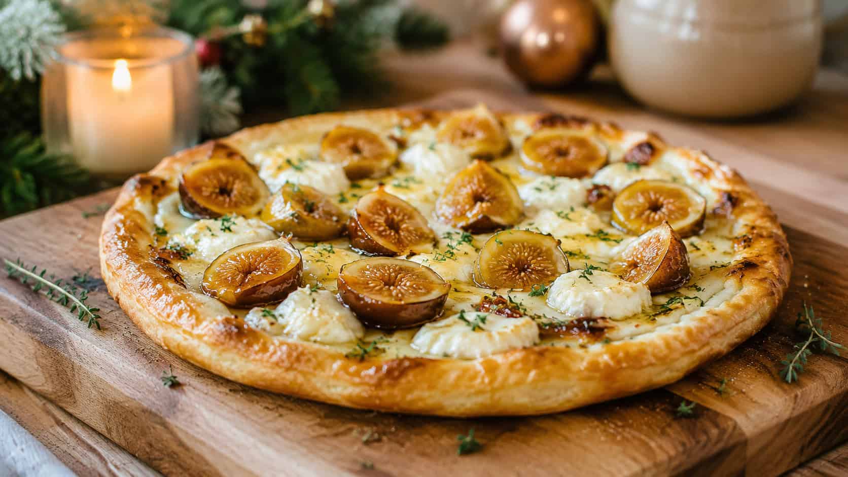 a golden fig and goat cheese tart on a wooden board in a wide horizontal shot, glistening honey drizzle and fresh thyme, jammy fig halves, on a cozy holiday counter, soft natural light, shallow depth of field, landscape orientation