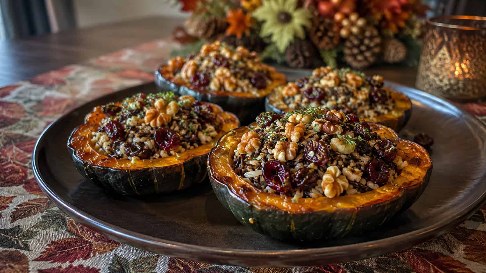 roasted acorn squash halves stuffed with wild rice and cranberries on a dark plate in a wide horizontal shot, glossy edges and toasted walnuts, on a festive table runner, warm natural light, shallow depth of field, landscape orientation