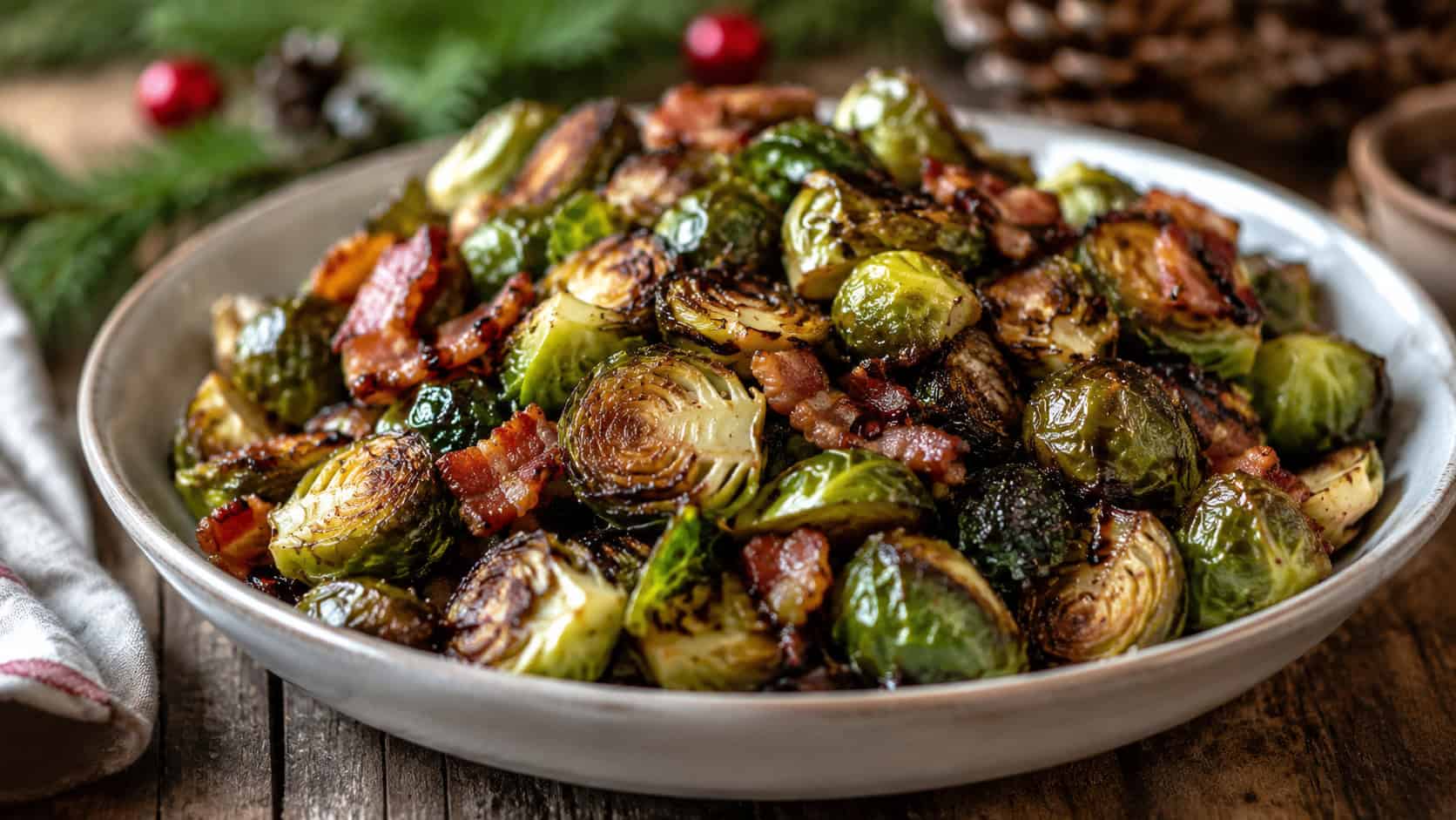 crispy roasted Brussels sprouts with bacon piled in a shallow bowl in a wide horizontal shot, charred edges and glistening balsamic, on a rustic holiday table, natural light, shallow depth of field, landscape orientation