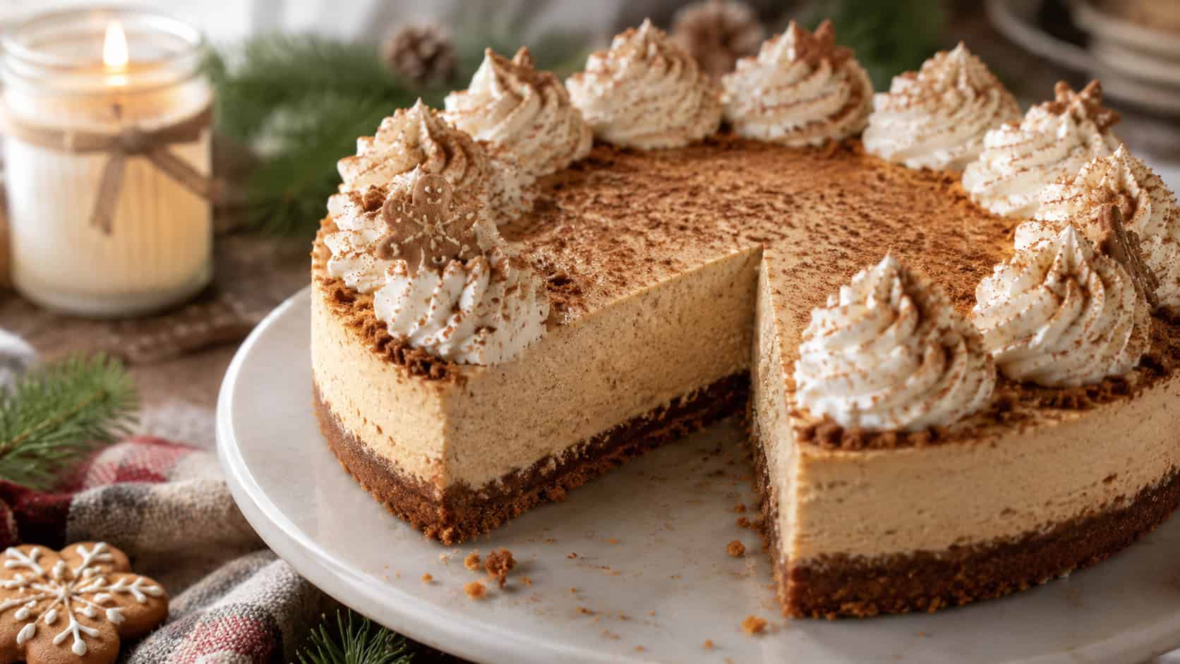 a spiced gingerbread cheesecake on a cake stand in a wide horizontal shot, one slice pulled out, whipped cream swirls and cinnamon dusting, on a cozy holiday table with pine sprigs, warm natural light, shallow depth of field, landscape orientation