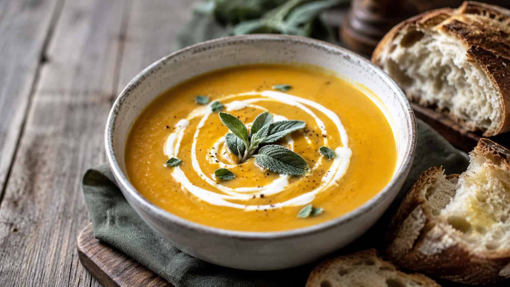 a bowl of golden butternut squash soup with a cream swirl in a wide horizontal shot, fresh sage leaf garnish, crusty bread alongside, on a rustic wooden table, soft natural light, shallow depth of field, landscape orientation