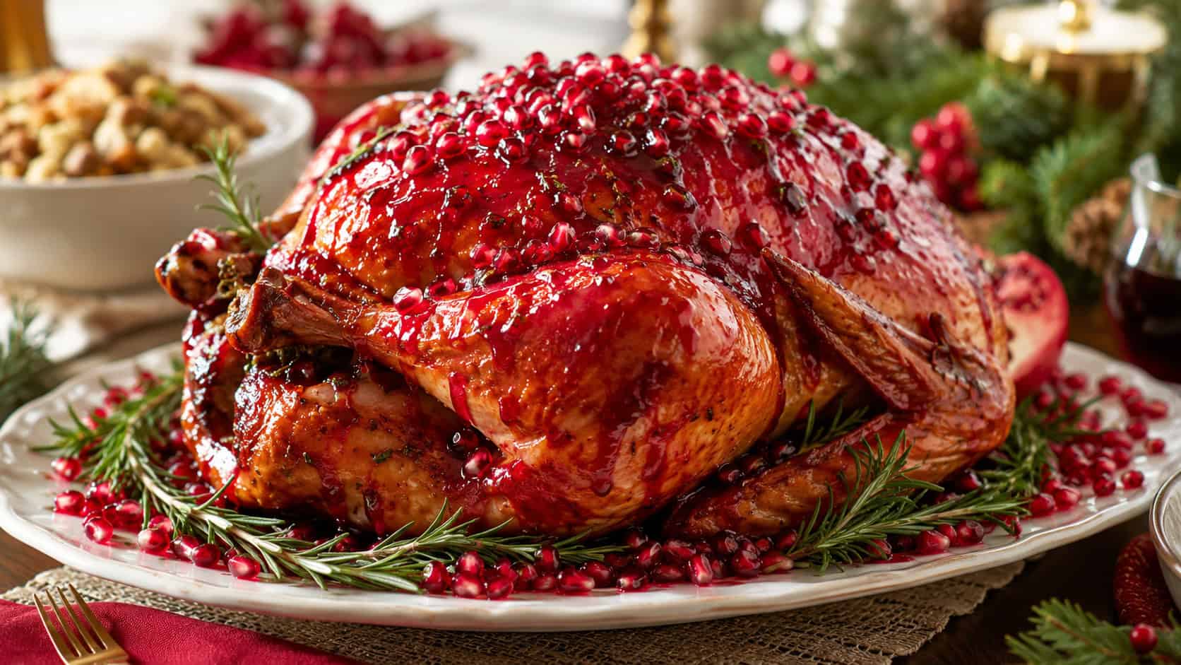 a glossy pomegranate-glazed roast turkey on a platter in a wide horizontal shot, ruby glaze and scattered pomegranate seeds, fresh rosemary garnish, on a festive holiday table, warm natural light, shallow depth of field, landscape orientation