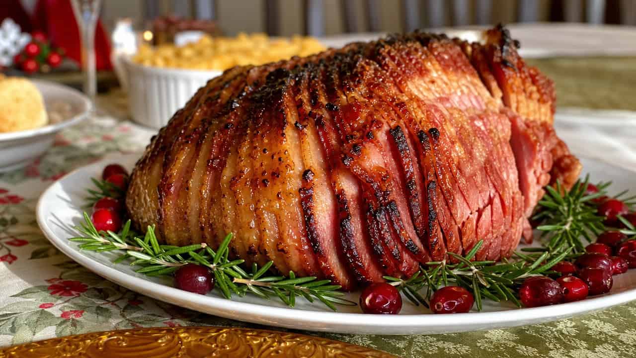 a glossy maple-glazed spiral ham with caramelized edges resting on a white platter, shown in a wide horizontal shot on a holiday table with rosemary sprigs and cranberries scattered around, warm natural light, shallow depth of field, landscape orientation