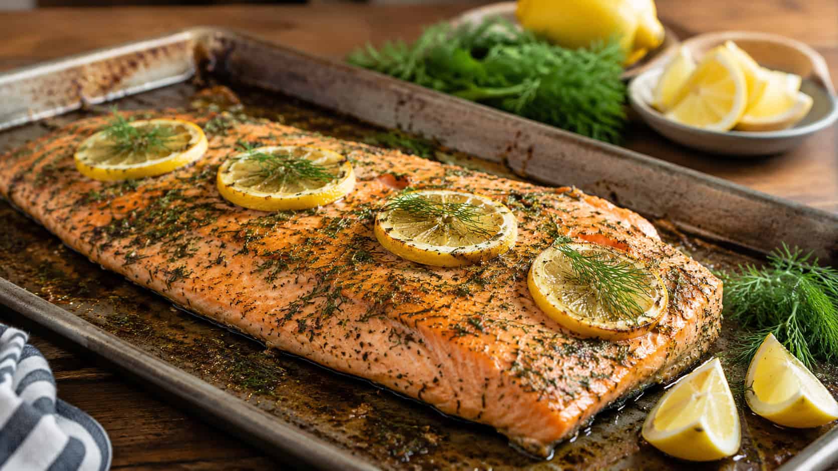 a herb-roasted salmon fillet topped with lemon slices and fresh dill on a sheet pan, shown in a wide horizontal composition on a wooden table with extra herbs and lemon wedges, warm natural light, shallow depth of field, landscape orientation