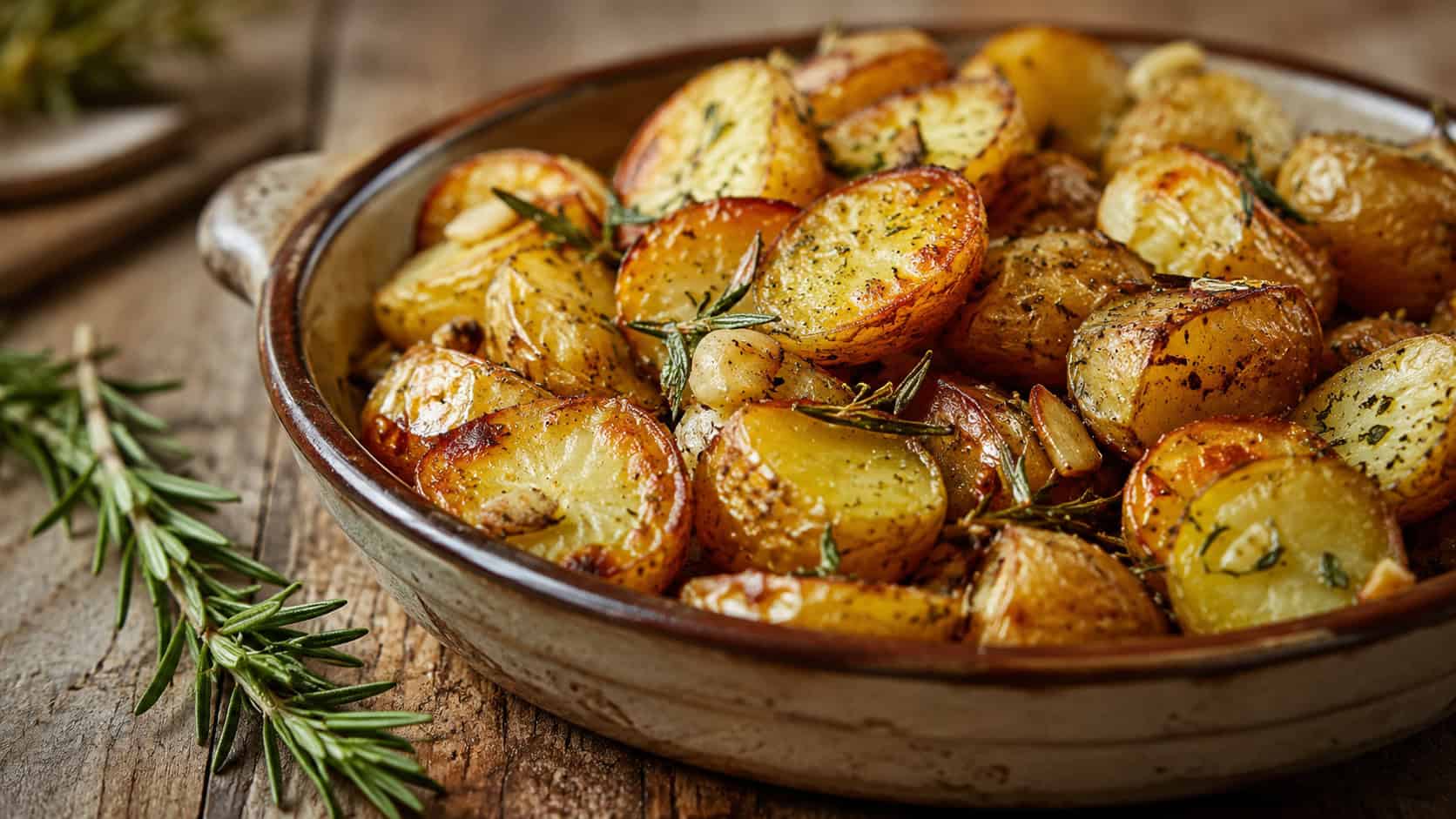 golden crispy roasted baby potatoes flecked with fresh rosemary and garlic, served in a wide horizontal shot in a rustic dish on a wooden table with a sprig of rosemary, warm natural light, shallow depth of field, landscape orientation