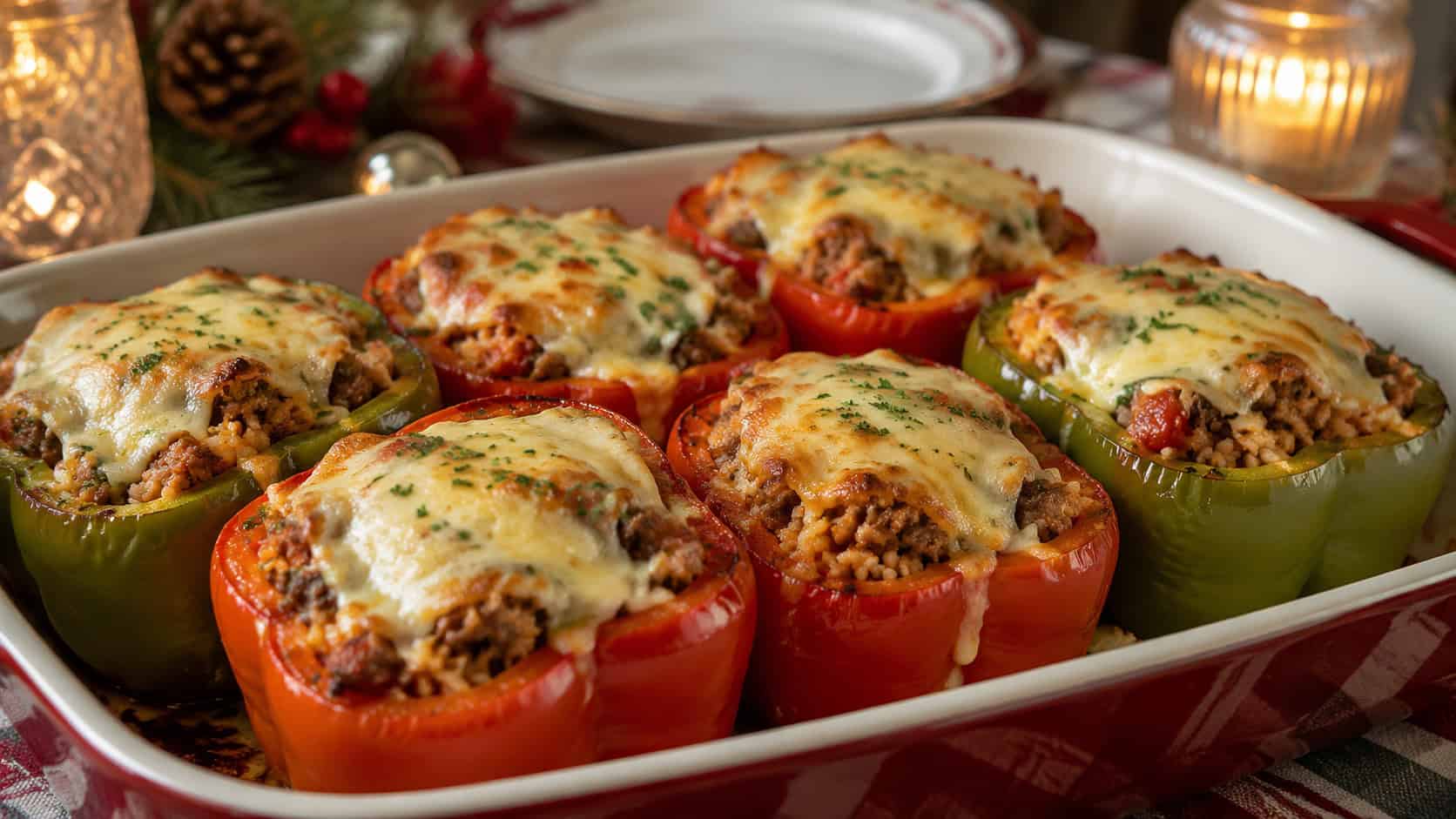 colorful red and green stuffed bell peppers filled with seasoned beef and rice topped with melted bubbly cheese, shown in a wide horizontal composition in a baking dish on a holiday table, warm natural light, shallow depth of field, landscape orientation