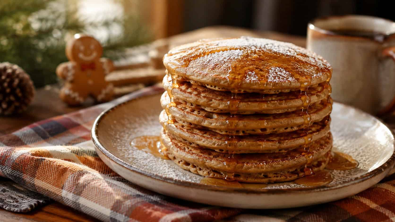 a tall stack of golden gingerbread pancakes drizzled with syrup and dusted with powdered sugar, shown in a wide horizontal composition on a rustic plate over a cozy plaid napkin, warm morning light, shallow depth of field, landscape orientation