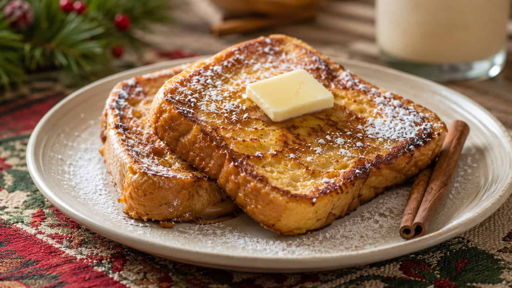 golden eggnog French toast slices dusted with powdered sugar and topped with a pat of butter, shown in a wide horizontal composition on a ceramic plate over a festive table runner with cinnamon sticks, warm natural light, shallow depth of field, landscape orientation