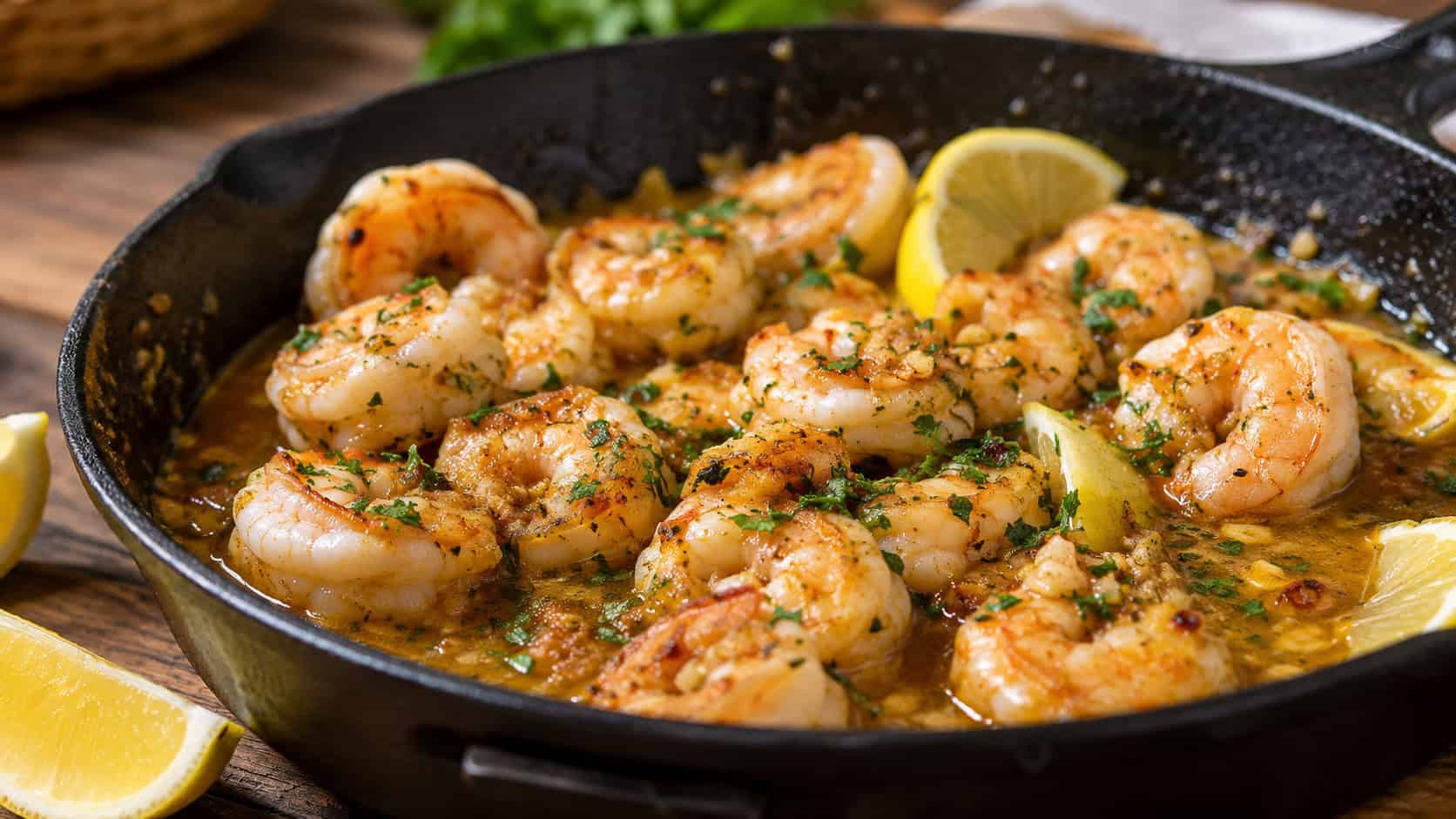 plump golden shrimp glistening in garlic butter sauce with lemon and fresh parsley, served in a wide horizontal shot in a cast iron skillet on a wooden table with lemon wedges, warm natural light, shallow depth of field, landscape orientation
