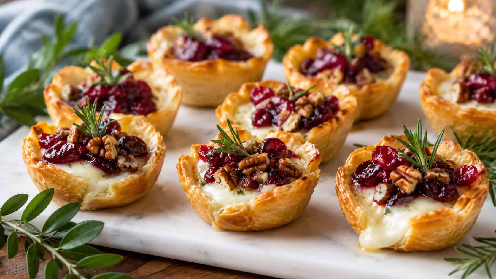 golden crescent cups filled with melted brie and ruby cranberry sauce topped with pecans and rosemary, arranged in a wide horizontal composition on a white serving board with greenery, warm natural light, shallow depth of field, landscape orientation