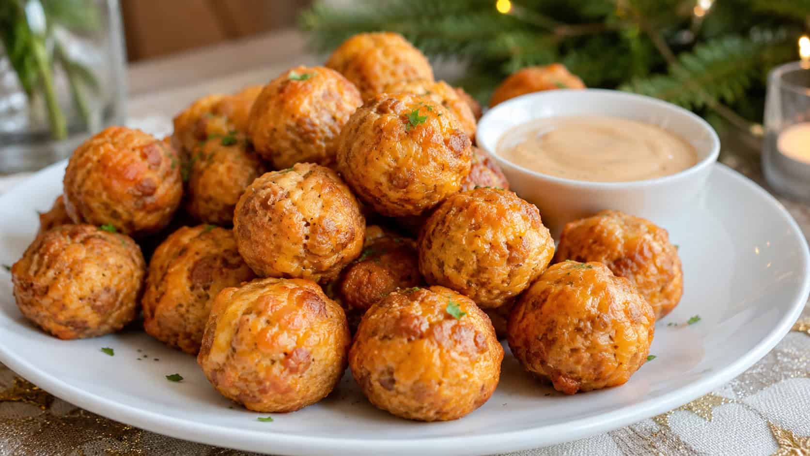 golden savory sausage and cheddar balls piled on a white plate with a small bowl of dipping sauce, shown in a wide horizontal shot on a festive table with greenery, warm natural light, shallow depth of field, landscape orientation