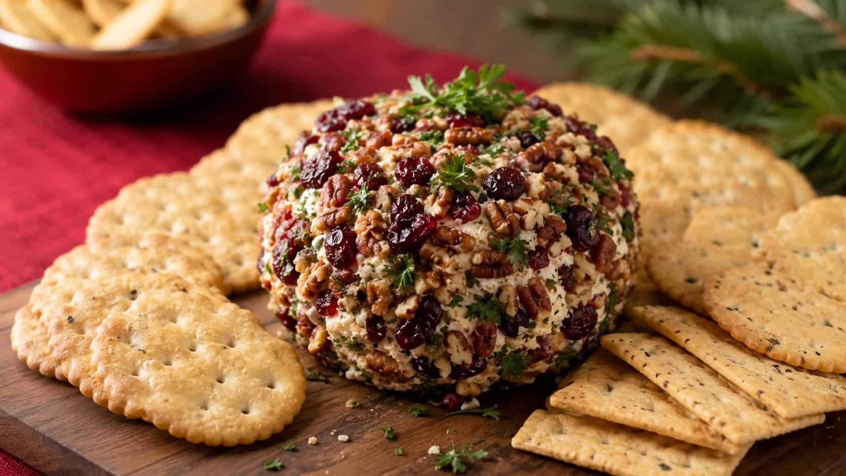 a creamy cheese ball coated in chopped pecans, dried cranberries, and parsley surrounded by crackers, shown in a wide horizontal composition on a wooden board over a red cloth, warm natural light, shallow depth of field, landscape orientation