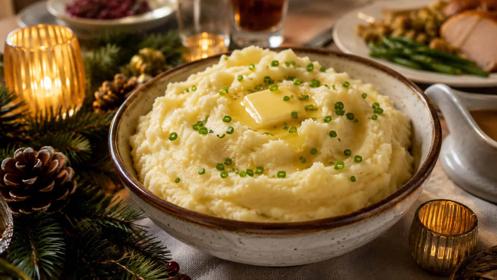 a bowl of buttery mashed potatoes on a holiday table in a wide horizontal shot, fluffy swirls topped with a melting pat of butter and a sprinkle of chives, pine and candles around the table, warm inviting light, shallow depth of field, landscape orientation