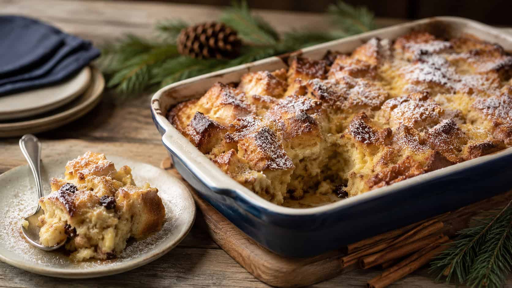 warm bread pudding in a baking dish on a rustic table in a wide horizontal shot, golden custardy top dusted with powdered sugar and a scoop served alongside, cinnamon sticks and pine nearby, warm cozy light, shallow depth of field, landscape orientation