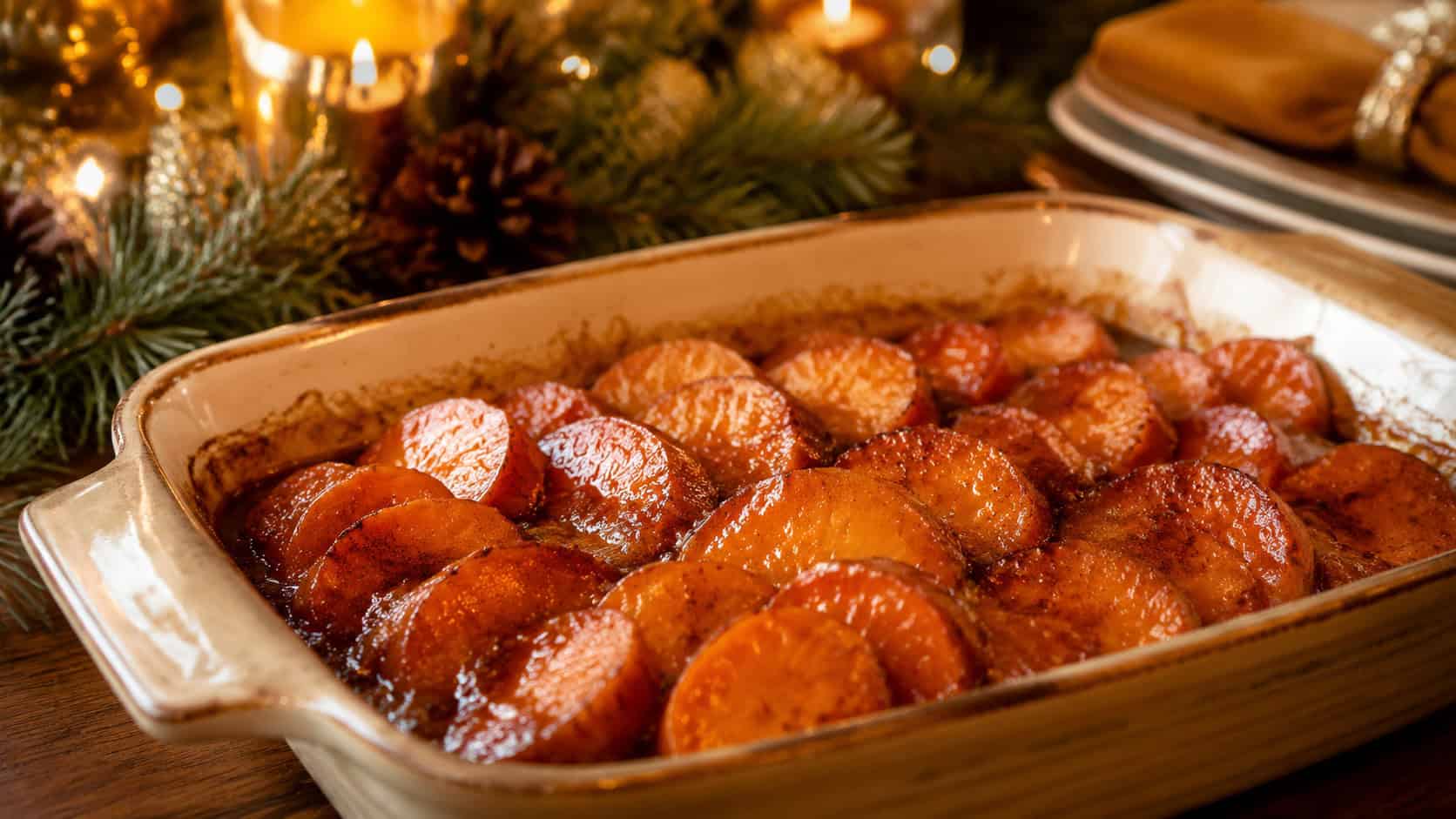 candied yams in a ceramic baking dish on a holiday table in a wide horizontal shot, glossy sliced yams in a bubbling caramel glaze, a sprinkle of cinnamon and pine garland nearby, warm golden light, shallow depth of field, landscape orientation