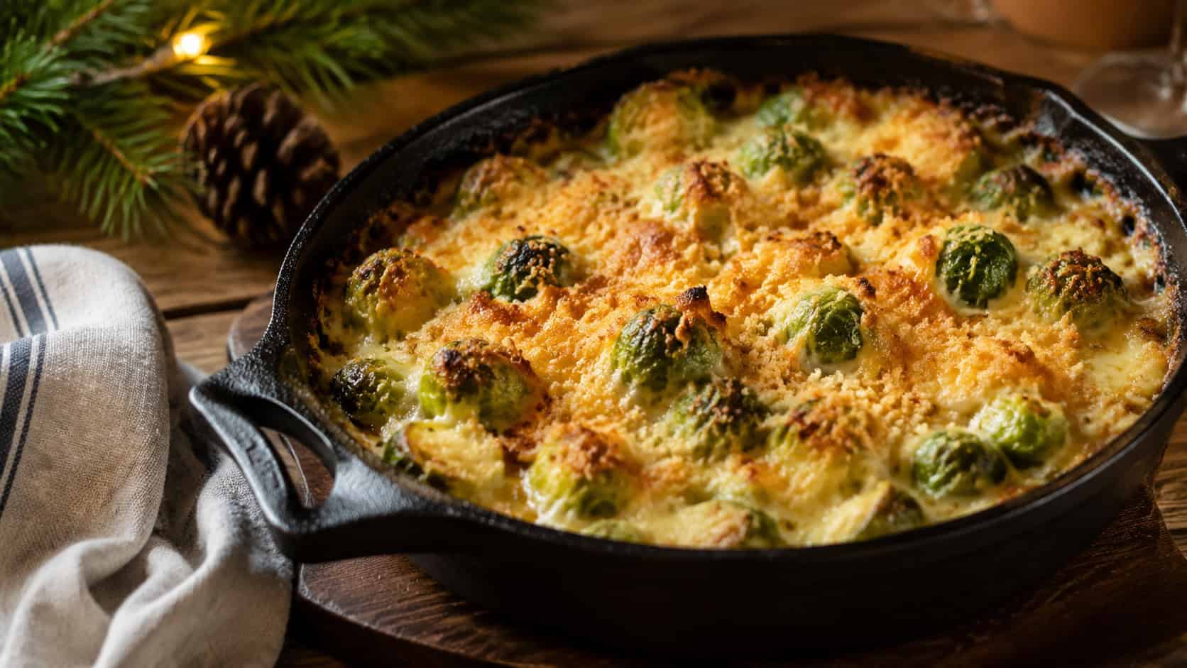 a Brussels sprouts gratin in a cast iron dish on a wooden table in a wide horizontal shot, golden bubbling cheese over tender sprouts with a crisp breadcrumb top, pine and a linen napkin nearby, warm light, shallow depth of field, landscape orientation