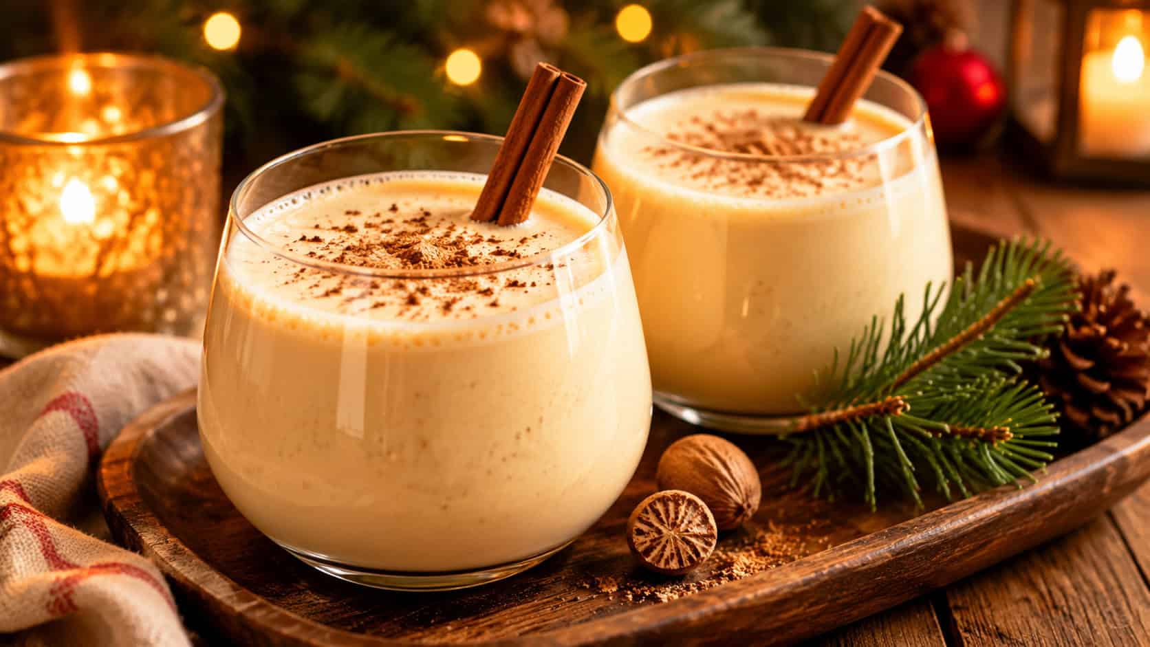 creamy eggnog poured into two glasses on a wooden tray in a wide horizontal shot, frothy tops dusted with nutmeg and a cinnamon stick garnish, pine sprigs and candlelight in the background, warm inviting light, shallow depth of field, landscape orientation