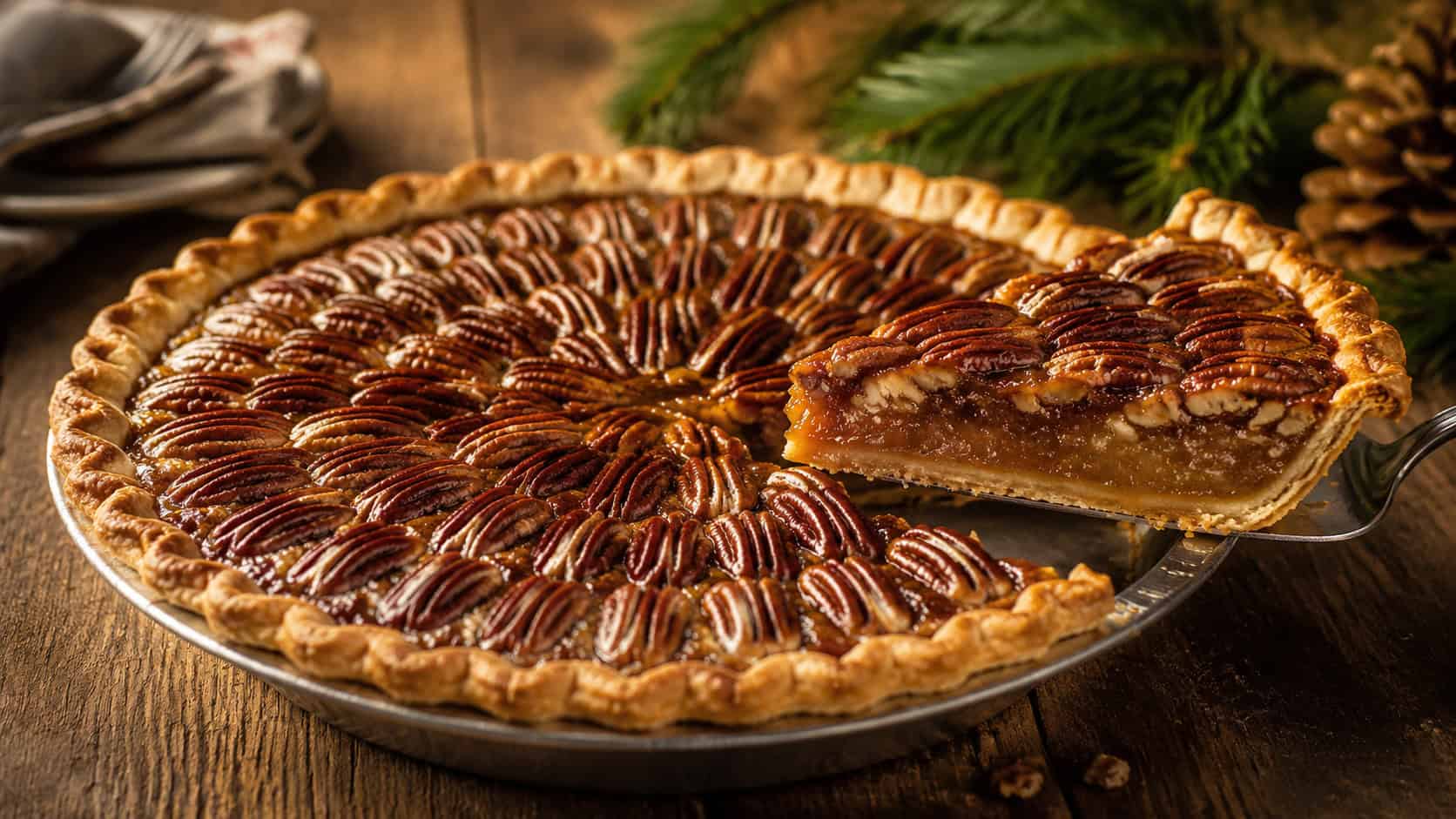 a whole pecan pie on a rustic table in a wide horizontal shot, glossy caramel filling topped with neat rows of toasted pecans, a slice lifted out and pine greenery nearby, warm golden light, shallow depth of field, landscape orientation