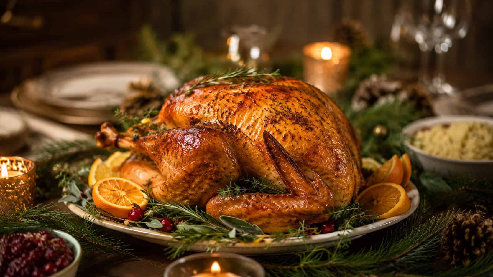 a golden roast turkey on a platter at a holiday table in a wide horizontal shot, crispy burnished skin garnished with herbs and citrus, candles and pine around the table, warm festive light, shallow depth of field, landscape orientation