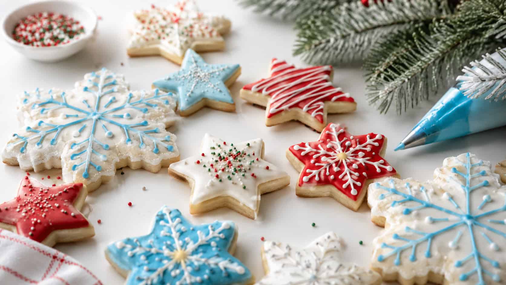 frosted Christmas sugar cookies in star and snowflake shapes scattered on a white table in a wide horizontal shot, glossy colorful royal icing and sprinkles, a piping bag and pine sprigs nearby, soft bright light, shallow depth of field, landscape orientation