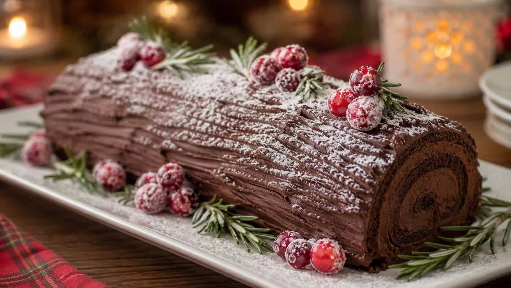 a chocolate yule log cake on a long platter in a wide horizontal shot, fork-dragged bark texture dusted with powdered sugar snow, sugared cranberries and rosemary sprigs as garnish, warm festive light, shallow depth of field, landscape orientation
