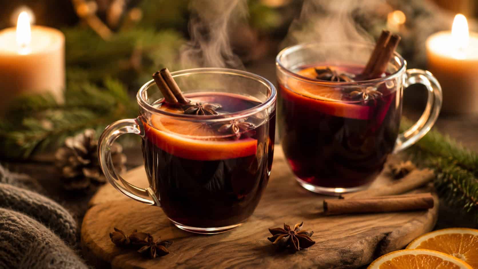 steaming mulled wine in two mugs on a wooden board in a wide horizontal shot, deep ruby liquid with orange slices, cinnamon sticks, and star anise floating, pine and candlelight behind, warm cozy glow, shallow depth of field, landscape orientation