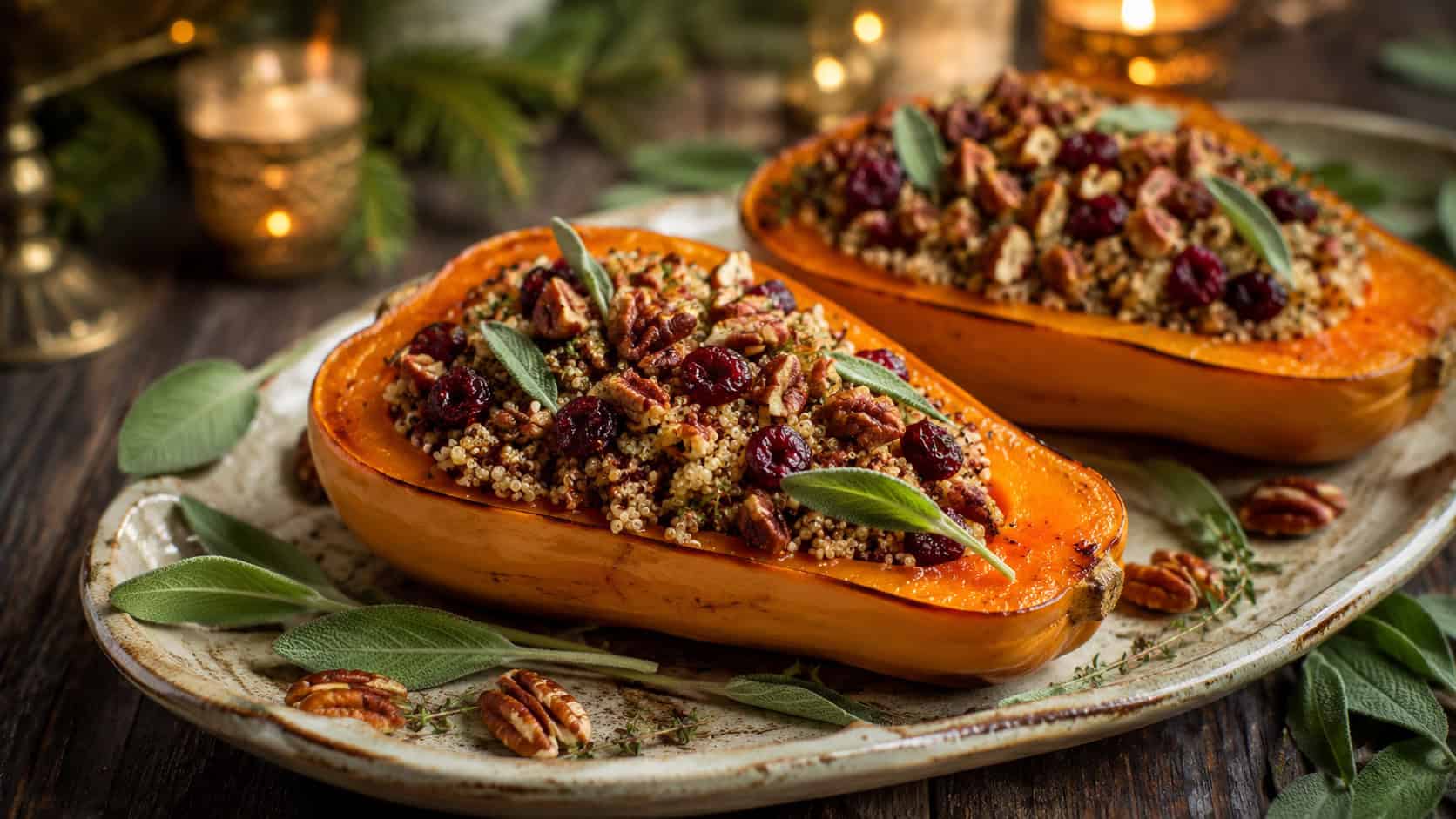roasted butternut squash halves stuffed with quinoa, red cranberries, and pecans, in a wide horizontal shot on a rustic platter with sage leaves scattered around, warm holiday light, shallow depth of field, landscape orientation
