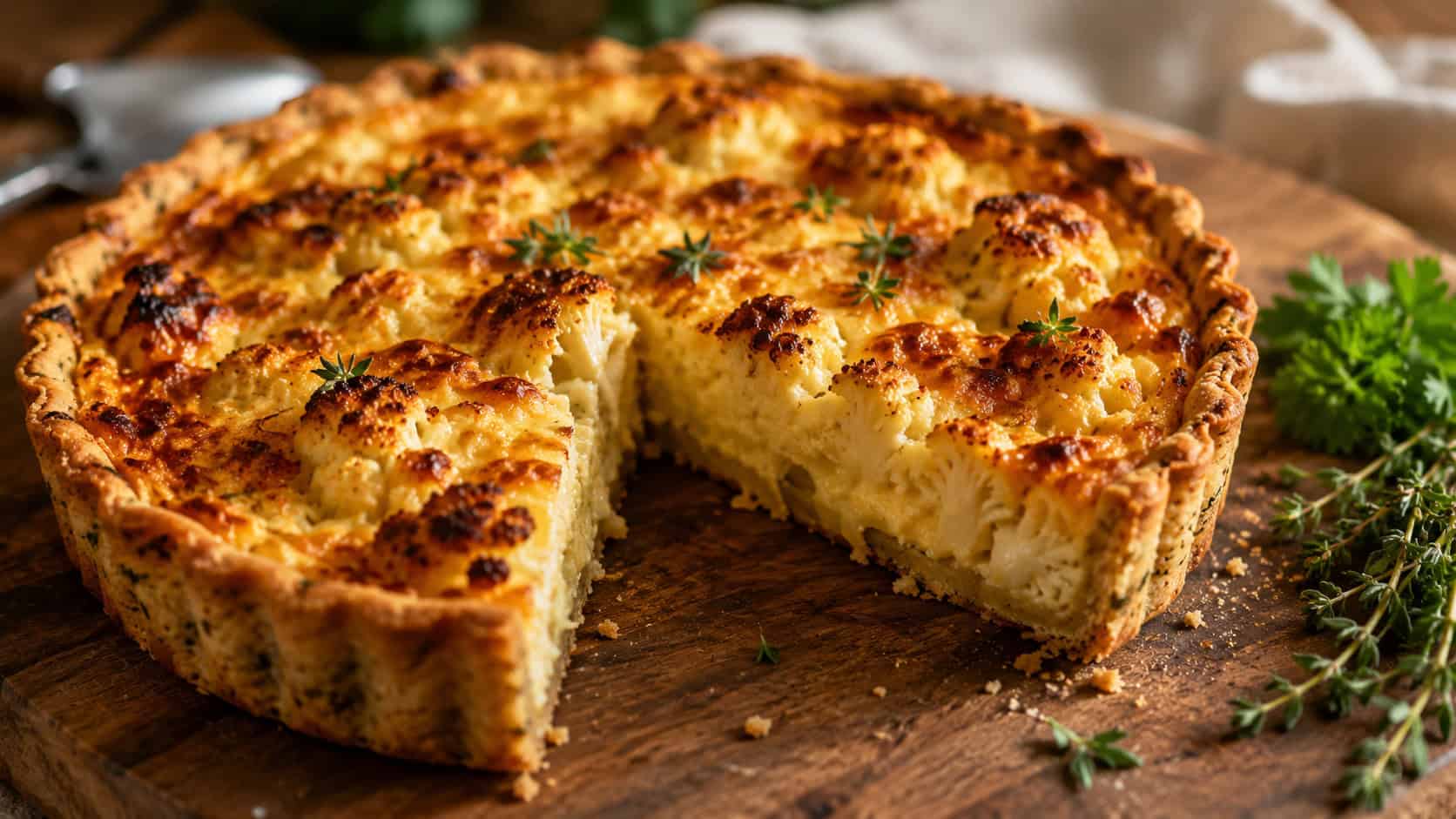 a golden cauliflower cheese tart with a flaky herb crust, one slice removed to show the creamy interior, in a wide horizontal shot on a wooden board with fresh herbs, warm natural light, shallow depth of field, landscape orientation