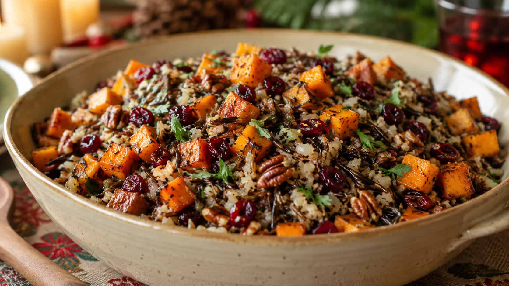 a wild rice salad with cubes of roasted orange squash, red cranberries, and pecans, in a wide horizontal shot in a large serving bowl on a holiday table, warm natural light, shallow depth of field, landscape orientation