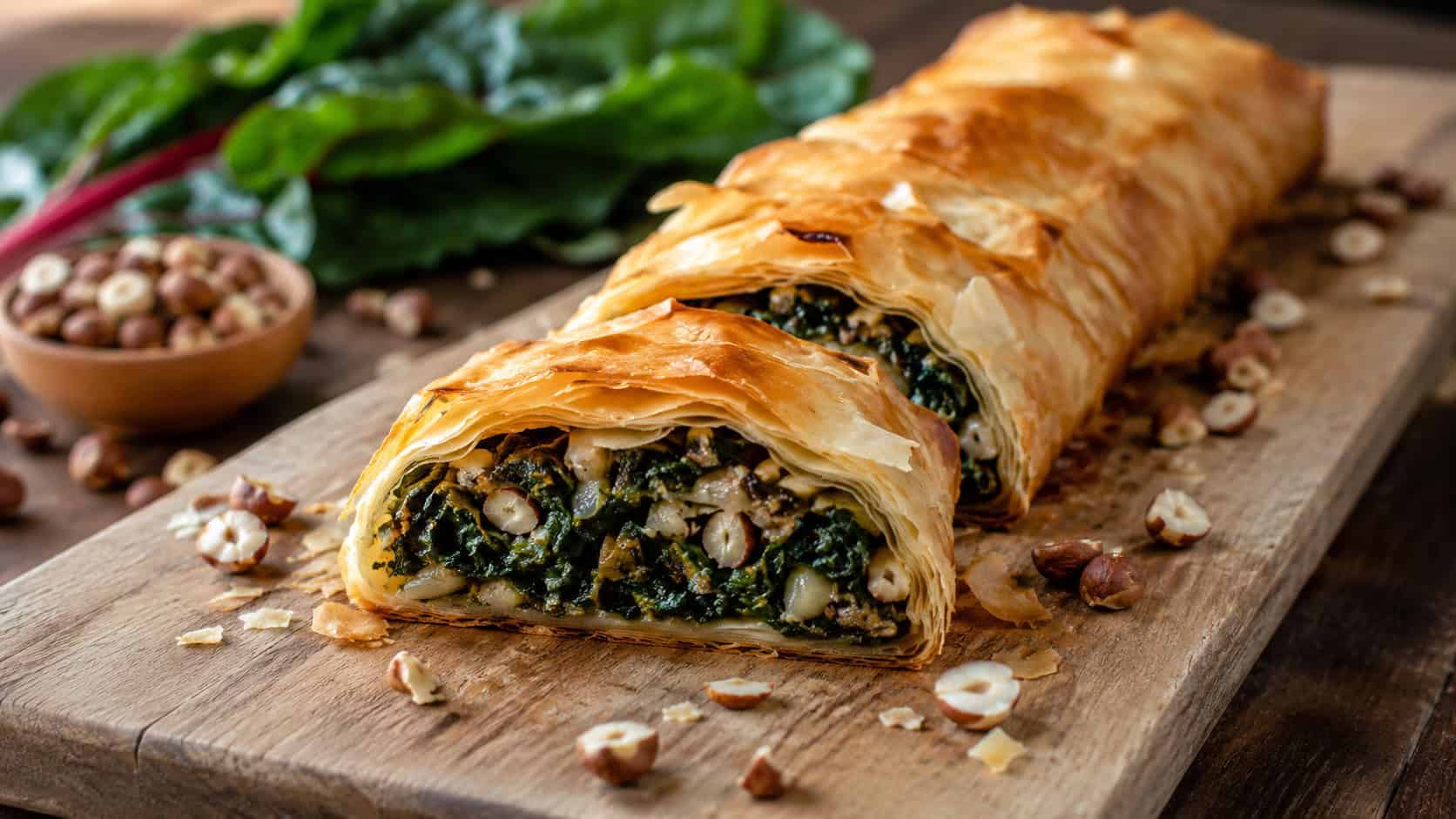 a golden flaky phyllo strudel sliced to reveal green chard and hazelnut filling, in a wide horizontal shot on a long serving board with scattered hazelnuts, warm natural light, shallow depth of field, landscape orientation
