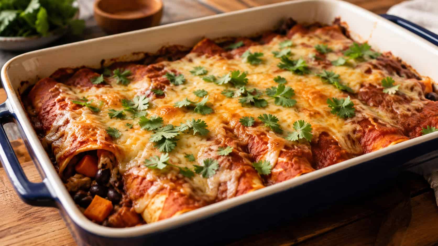 sweet potato and black bean enchiladas under red sauce and melted cheese topped with cilantro, in a wide horizontal shot in a baking dish on a wooden table, warm inviting light, shallow depth of field, landscape orientation