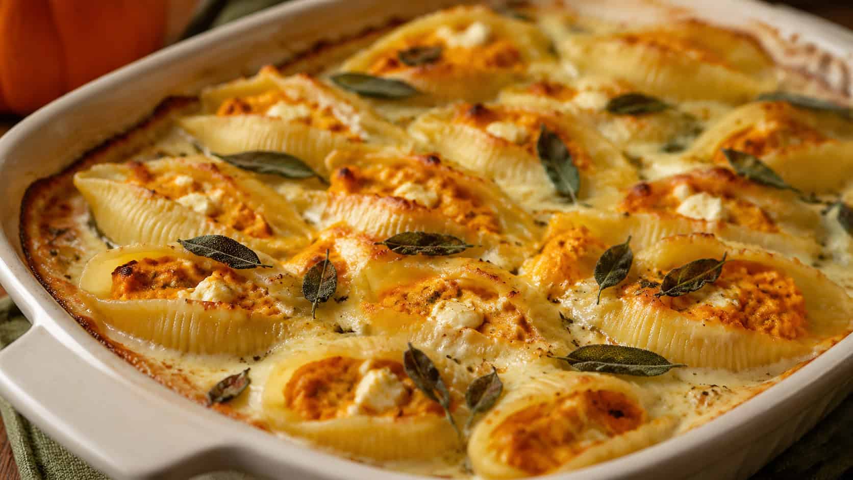 jumbo pasta shells stuffed with orange pumpkin and goat cheese filling baked in cream sauce, in a wide horizontal shot in a baking dish topped with sage, warm cozy light, shallow depth of field, landscape orientation