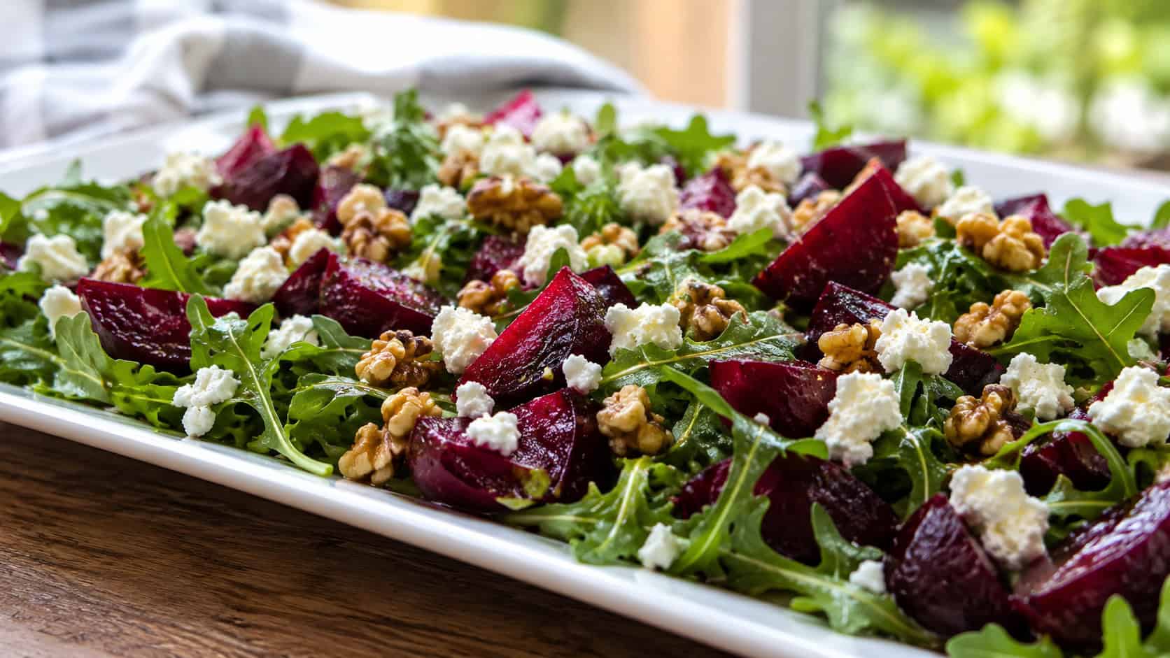 a vibrant salad of deep red roasted beet wedges, white crumbled feta, and green arugula, in a wide horizontal shot on a white platter with walnuts scattered, bright natural light, shallow depth of field, landscape orientation