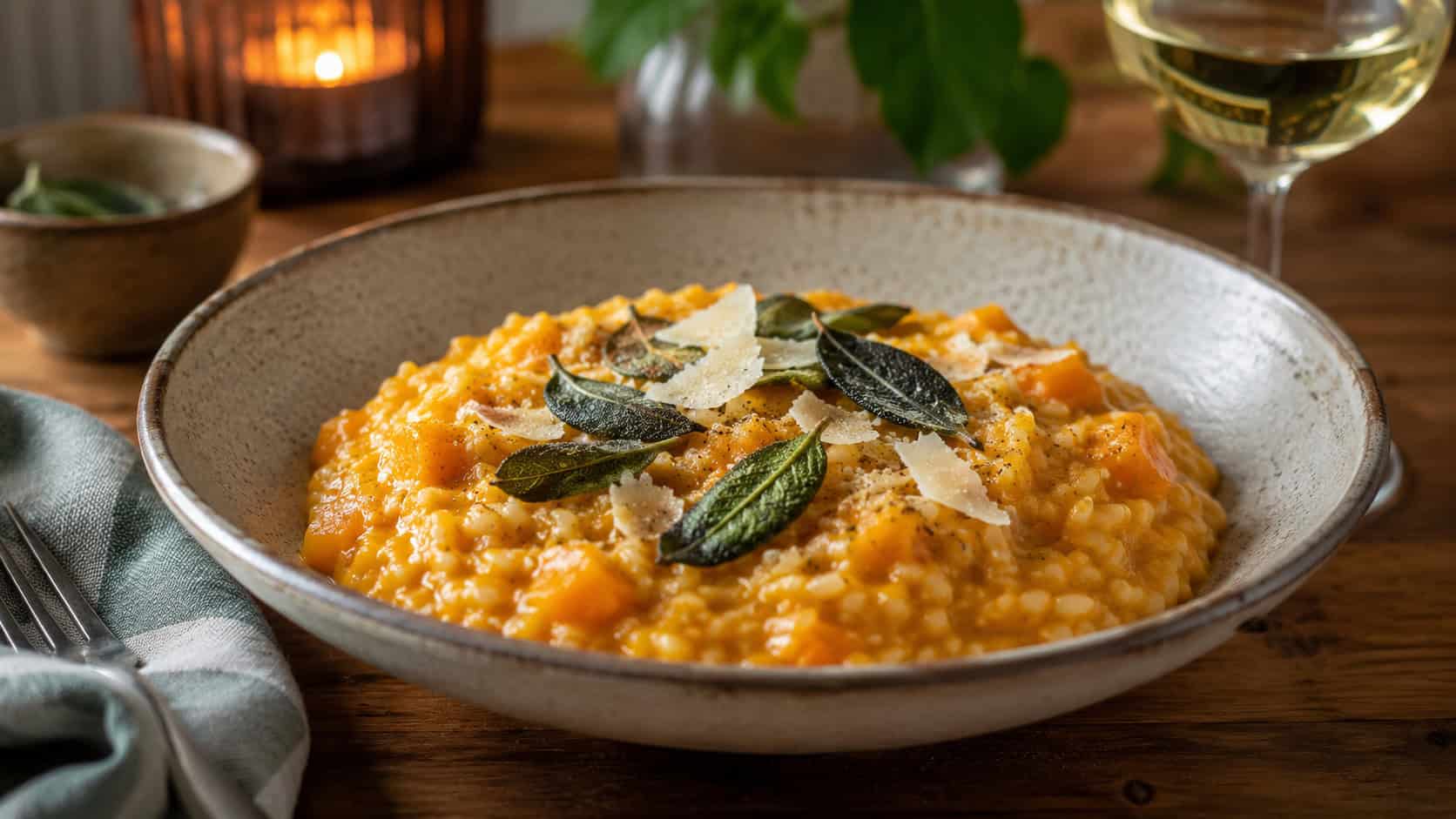 creamy orange pumpkin risotto in a shallow bowl topped with crispy sage leaves and shaved parmesan, in a wide horizontal shot on a wooden table with a glass of white wine, warm cozy light, shallow depth of field, landscape orientation