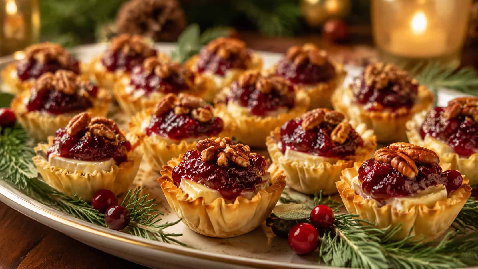 golden mini phyllo cups filled with melted brie and ruby cranberry sauce topped with pecans, in a wide horizontal shot on a festive platter with greenery, warm inviting light, shallow depth of field, landscape orientation