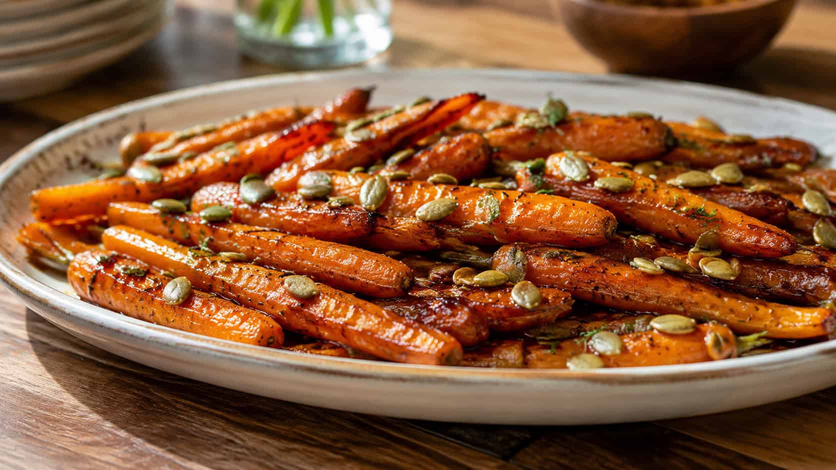 glossy balsamic-glazed carrot sticks sprinkled with green pepitas, in a wide horizontal shot on a serving platter on a wooden table, warm natural light, shallow depth of field, landscape orientation