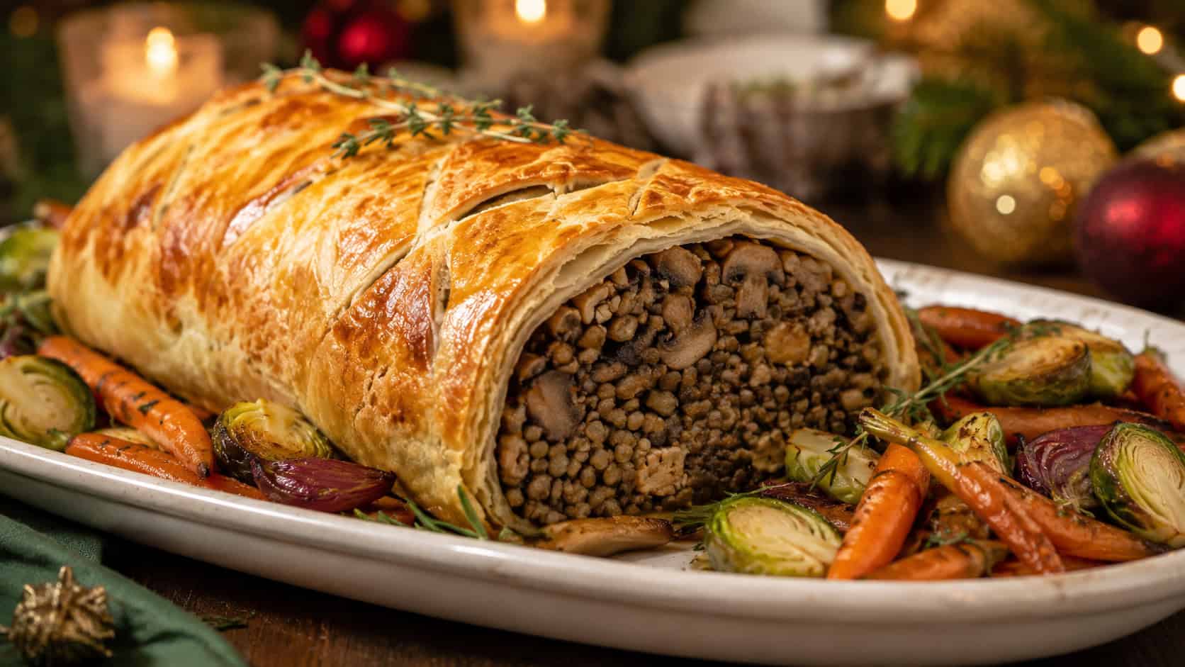 a golden flaky pastry-wrapped lentil and mushroom Wellington sliced to show the savory filling, in a wide horizontal shot on a holiday platter with roasted vegetables alongside, warm festive light, shallow depth of field, landscape orientation