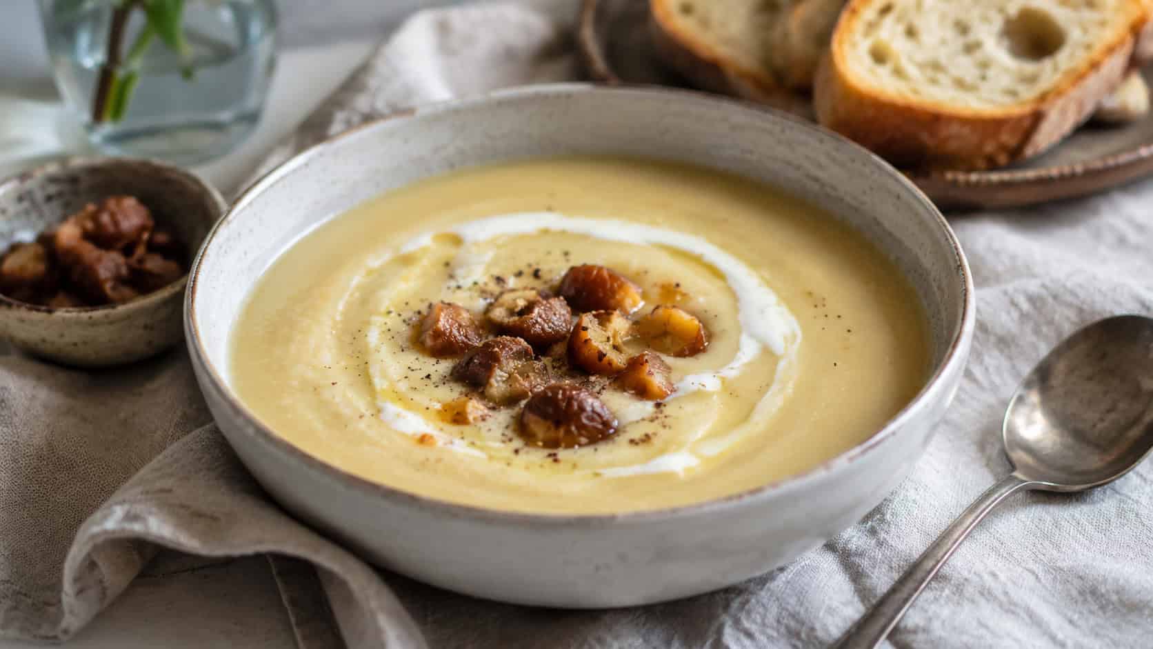 a bowl of smooth creamy beige parsnip soup with a swirl of cream and chestnut pieces on top, in a wide horizontal shot on a linen napkin with crusty bread nearby, soft natural light, shallow depth of field, landscape orientation