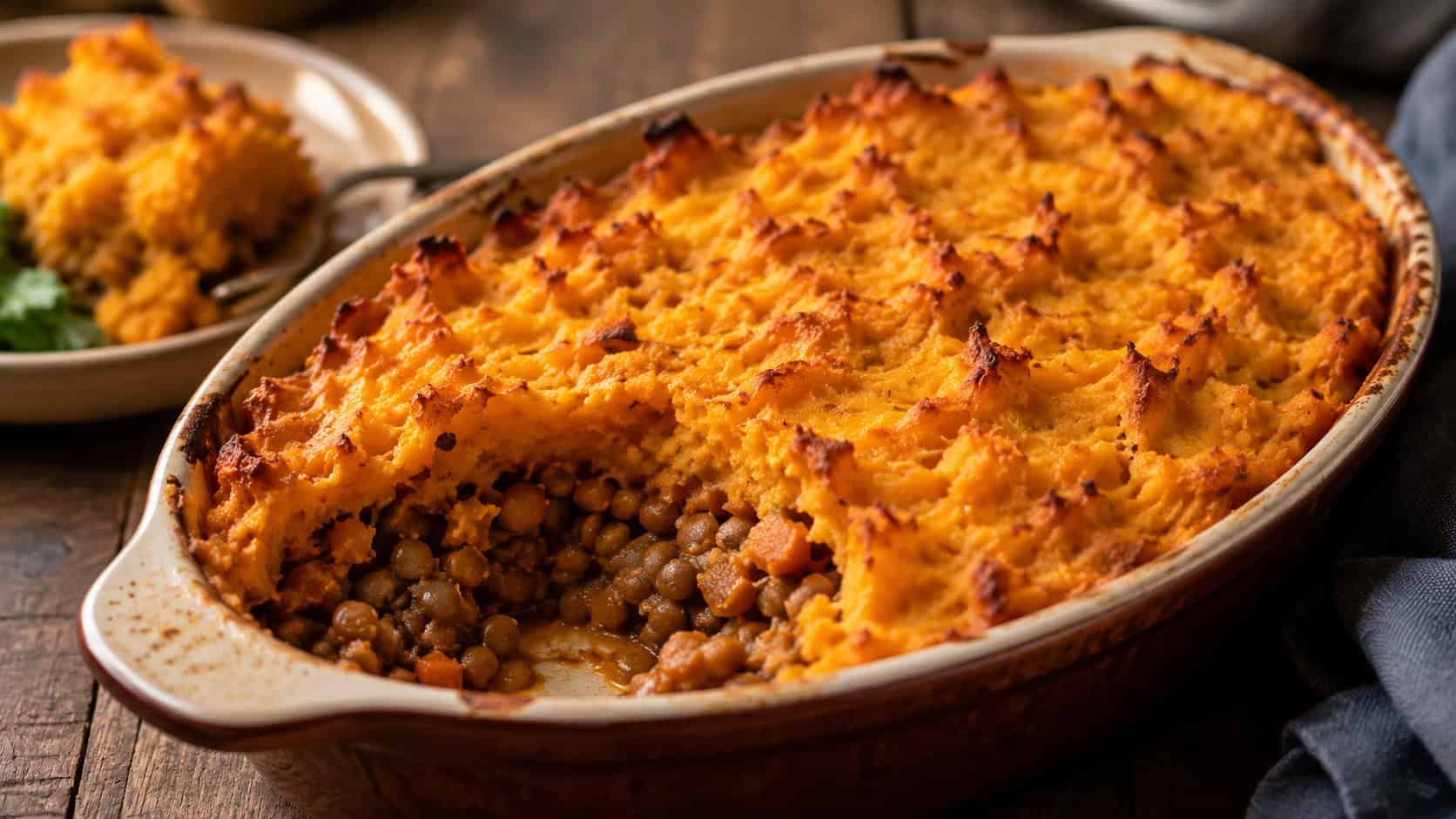 a baked shepherd's pie with golden sweet potato mash topping showing crispy peaks, scooped to reveal lentil filling, in a wide horizontal shot in a rustic baking dish on a wooden table, warm light, shallow depth of field, landscape orientation