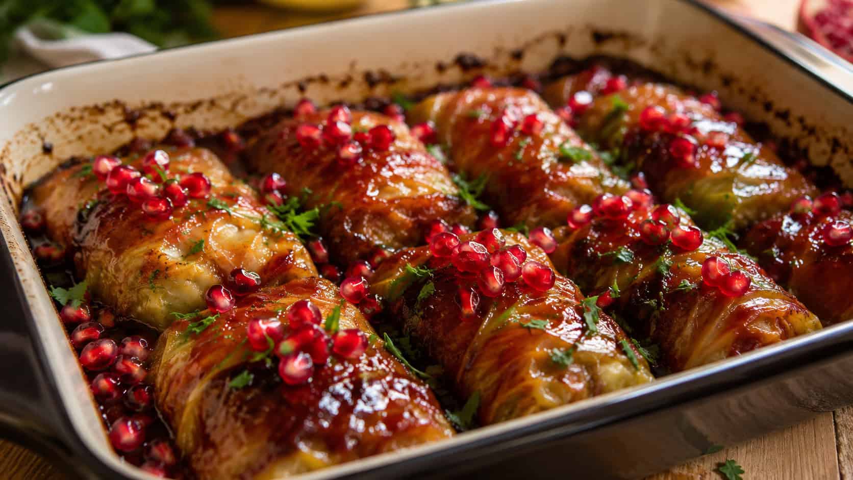 cabbage rolls glazed in glossy pomegranate sauce and topped with bright pomegranate seeds, in a wide horizontal shot in a baking dish with parsley garnish, warm natural light, shallow depth of field, landscape orientation