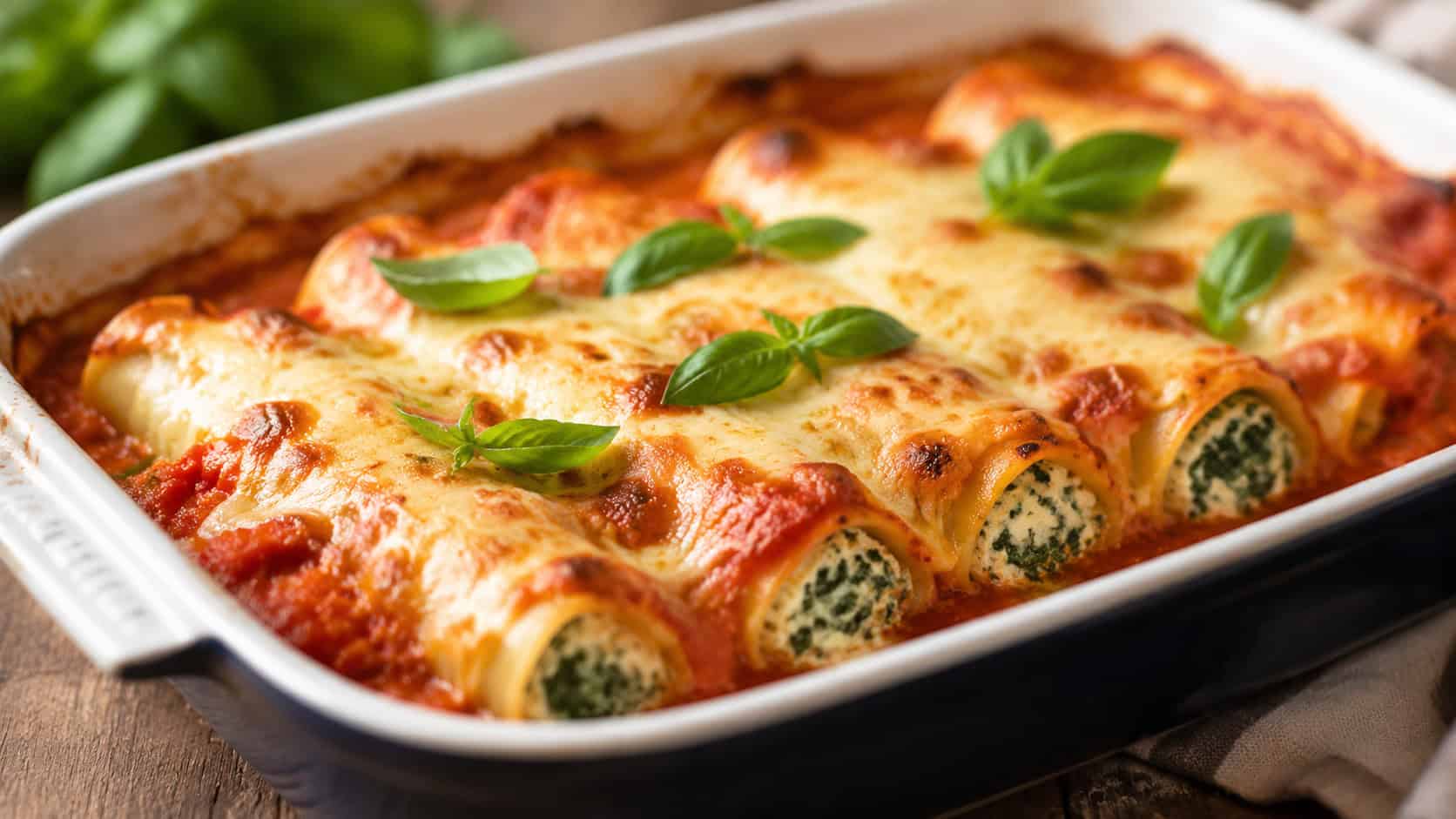 baked spinach and ricotta cannelloni in red tomato sauce topped with melted golden cheese, in a wide horizontal shot in a baking dish with basil garnish, warm natural light, shallow depth of field, landscape orientation